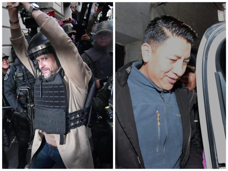Luis Fernando Camacho y Marco Pumari en el ingreso al juzgado, en La Paz.