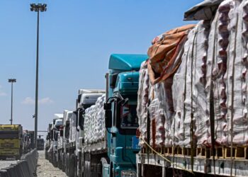 Camiones que transportan ayuda humanitaria con destino a la Franja de Gaza