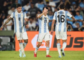 Los jugadores argentinos celebran el gol del triunfo.