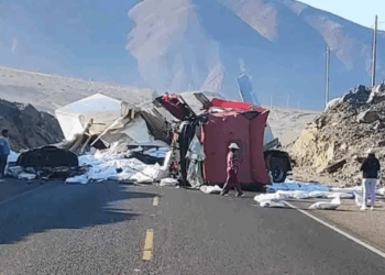 Un camión frigorífico volcó en Santiago de Machaca.