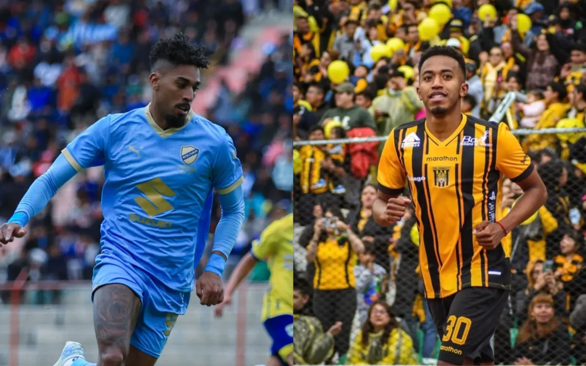 El delantero bolivarista Fabio Gomes y el volante stronguista Jaime Arrascaita.