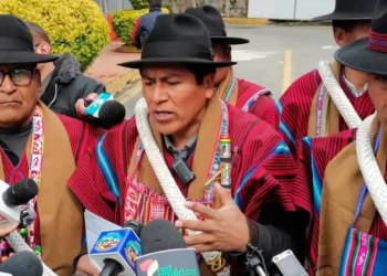El dirigente campesino David Mamani brinda una conferencia de prensa.