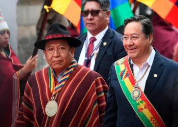 El presidente Luis Arce y el vicepresidente David Choquehuanca en Sucre.
Foto: Comunicación del Estado.