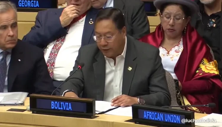 El presidente Luis Arce durante su intervención en la sesión de la ONU. Foto: Lucho Arce.