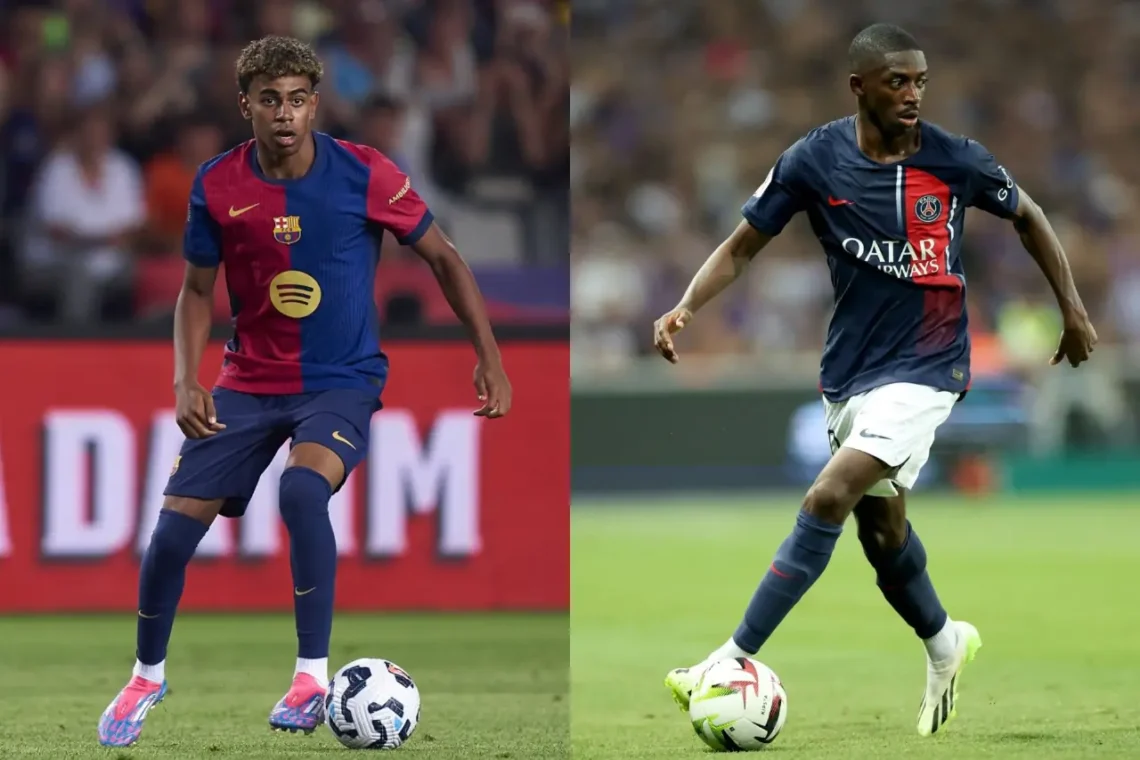 El francés Ousmande Dembelé y el español Lamine Yamal (AFP).