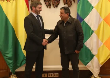 El embajador de Francia en Bolivia, Olivier Fontan, y el vicepresidente David Choquehuanca
