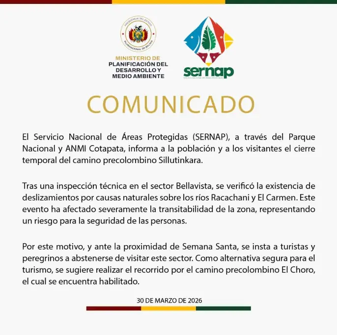 Sernap cierra temporal el camino precolombino Sillutinkara por deslizamientos
