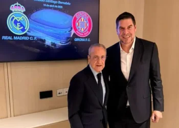 Florentino Pérez, presidente del Real Madrid, y Marcelo Claure, uno de los propietarios del Girona este viernes en el Santiago Bernabéu (Marcelo Claure)