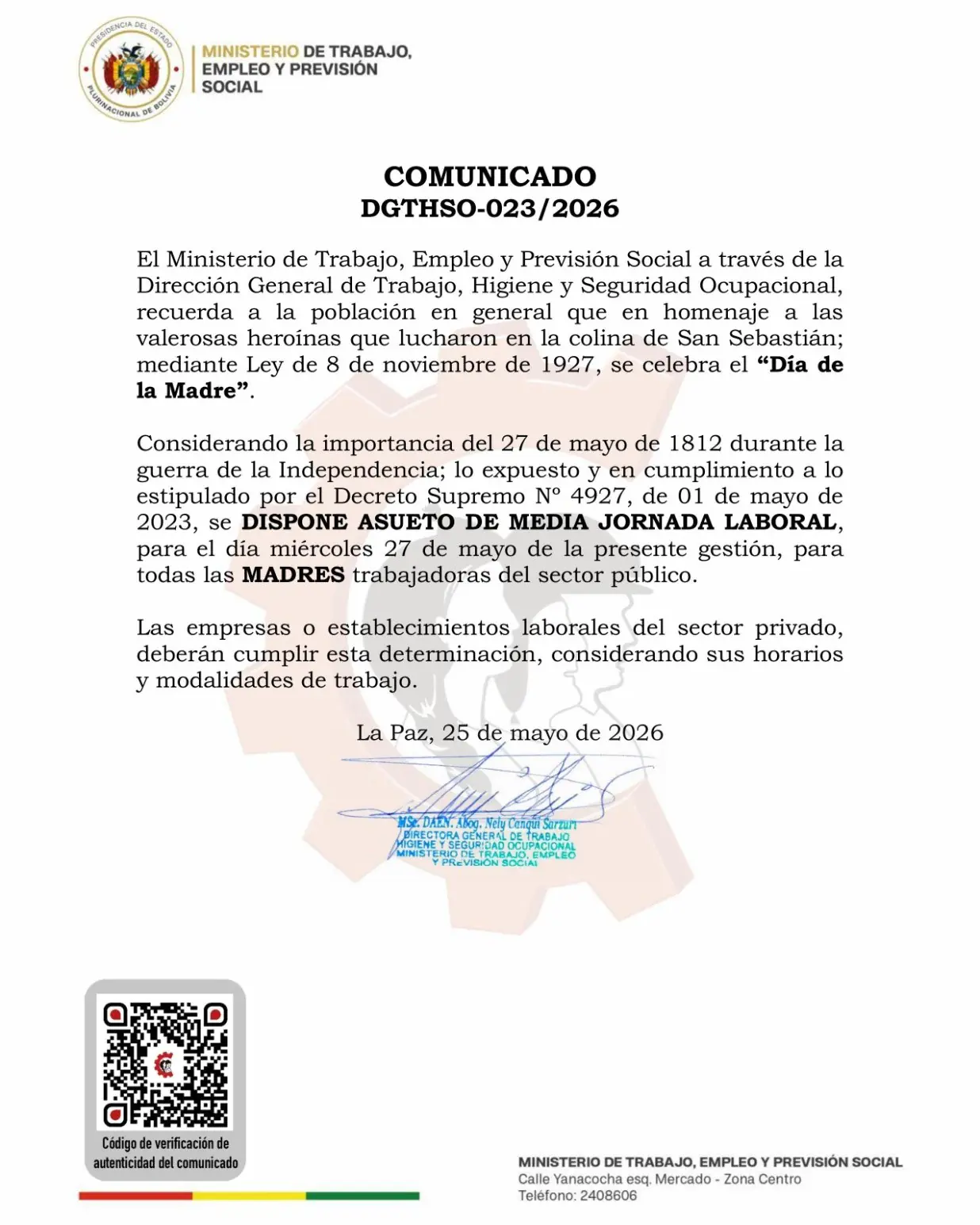 Trabajo dispone asueto de media jornada para madres este 27 de mayo