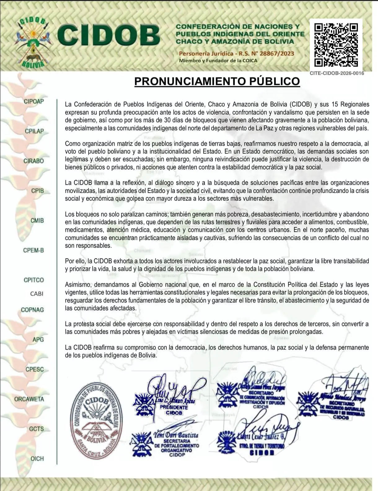 Cidob alerta que comunidades indígenas están ‘cautivas’ por bloqueos y pide soluciones