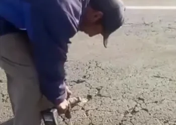 Un Comunario en Konani taladra el asfalto para instalar fierro en la carretera entre los departamentos de La Paz y Oruro.
Foto: Captura Mauricio Zamora.
