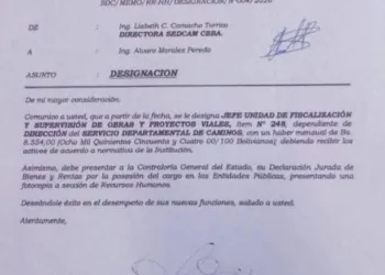 Memorándum emitido el 2 de junio de 2026, donde Morales fue designado. Camacho Torrico. Foto: RRSS.