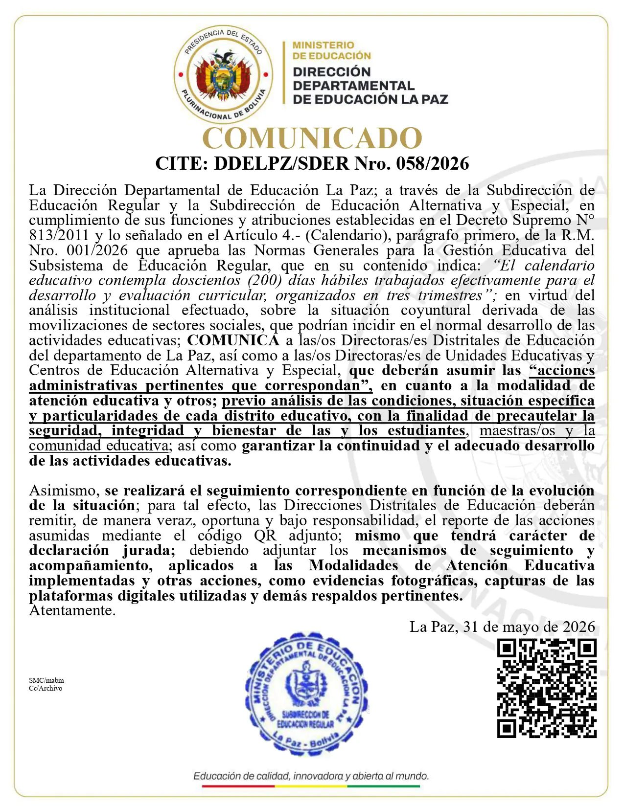 En La Paz, instruyen definir modalidad de clases según nivel de conflictividad