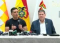 El ministro Oscar Justiniano junto a su par de Hidrocarburos, Marcelo Blanco, en la rueda de prensa de este lunes. Foto: Captura BTV